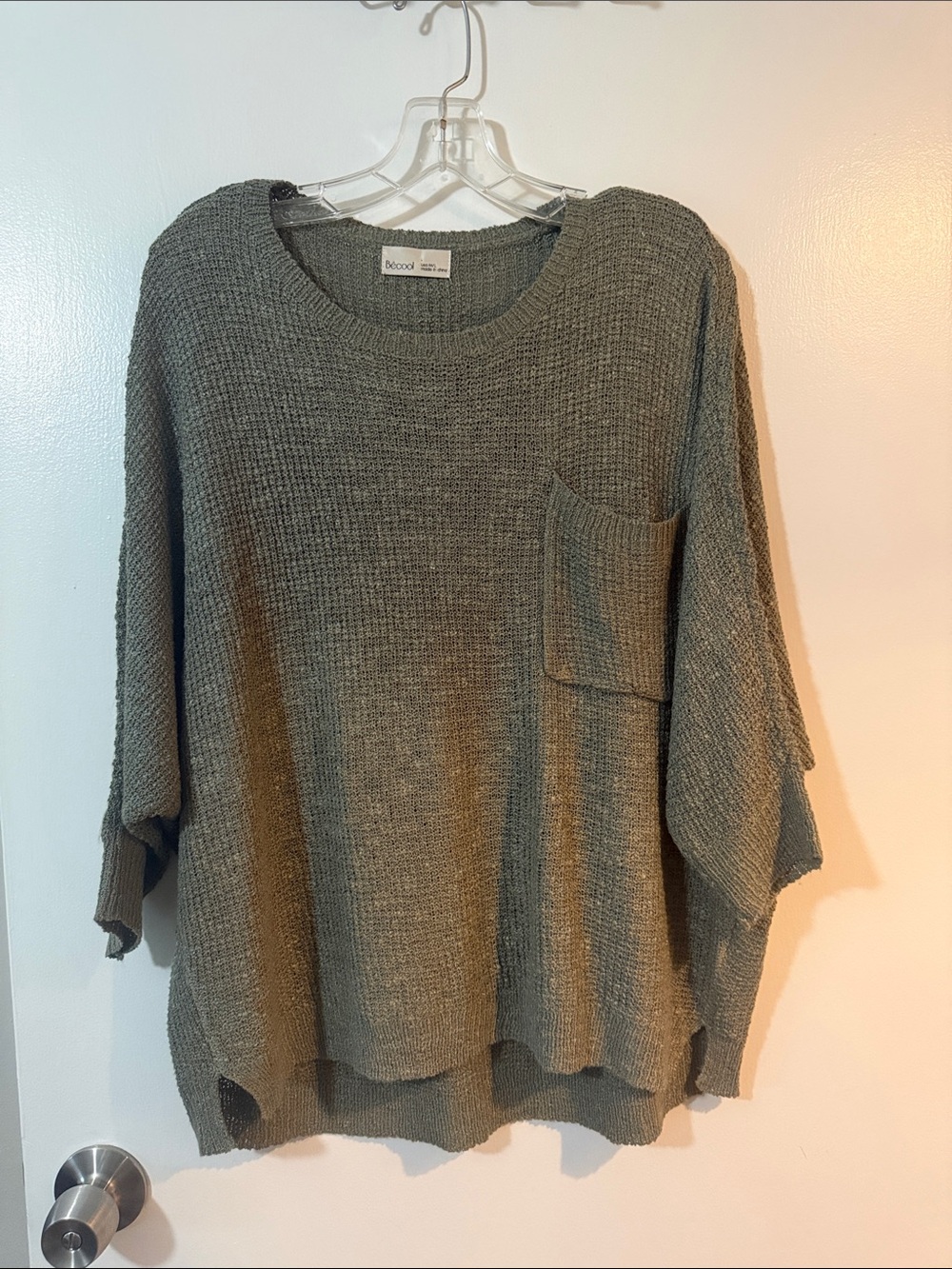 Becool Olive Relaxed Waffle-Knit Crewneck Sweater with Pocket